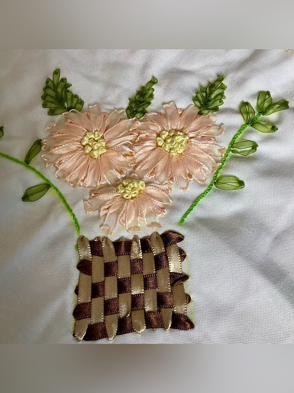 Vintage Silk Ribbon Embroidery Flower Basket Fabric Panel Topper 15x16